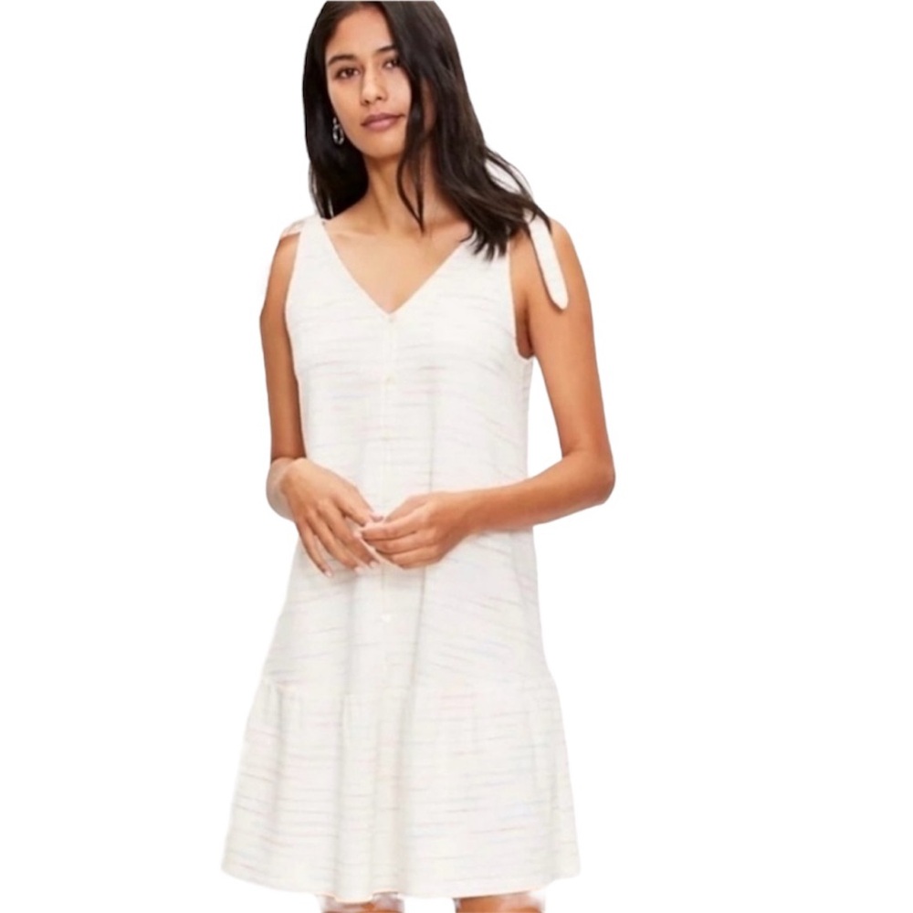 Loft Tie Shoulder Drop Hem Button Front Stripped Dress 💕